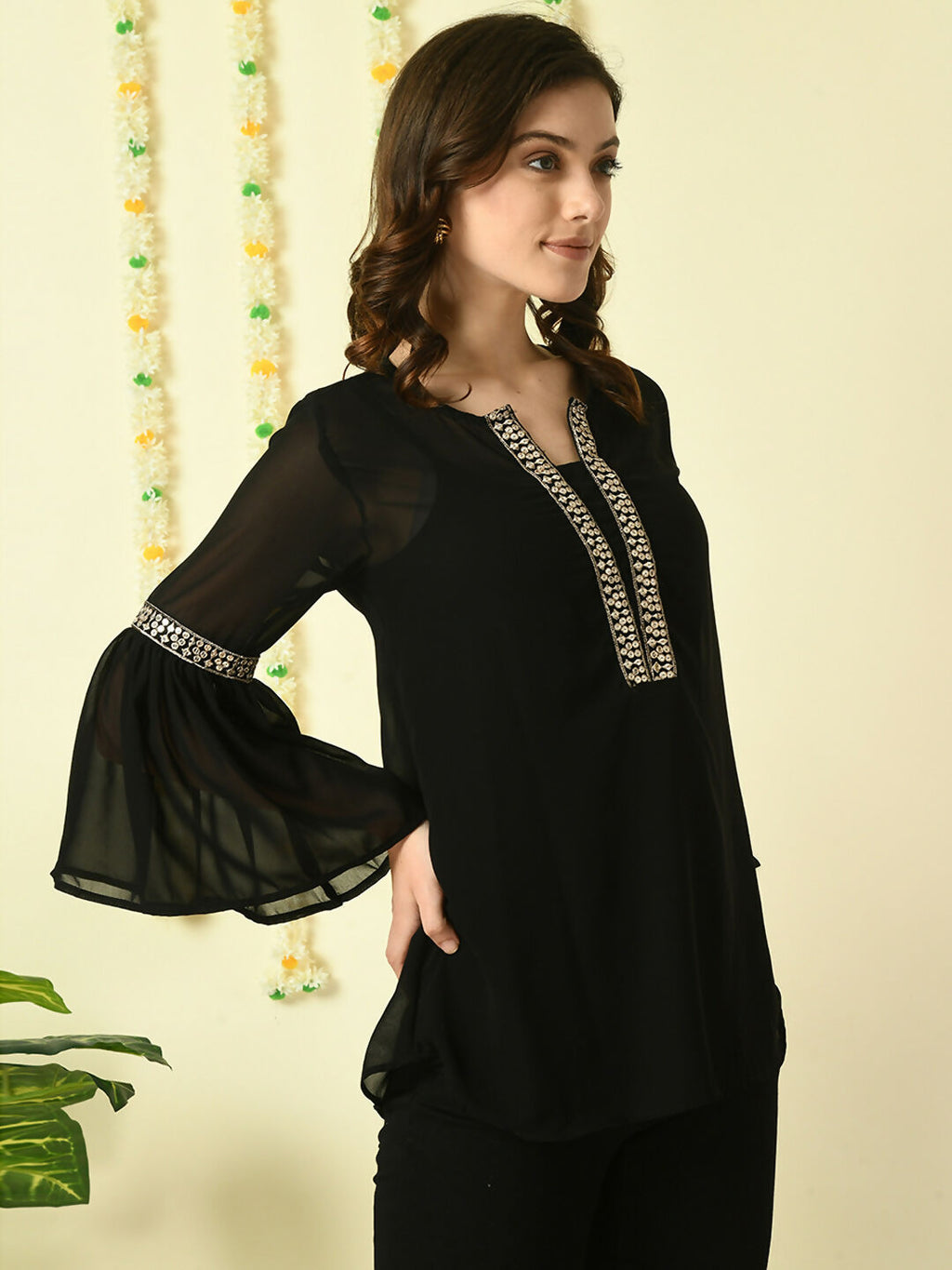Myshka Women's Black Embroidered Party Fusion Top | Grocsy