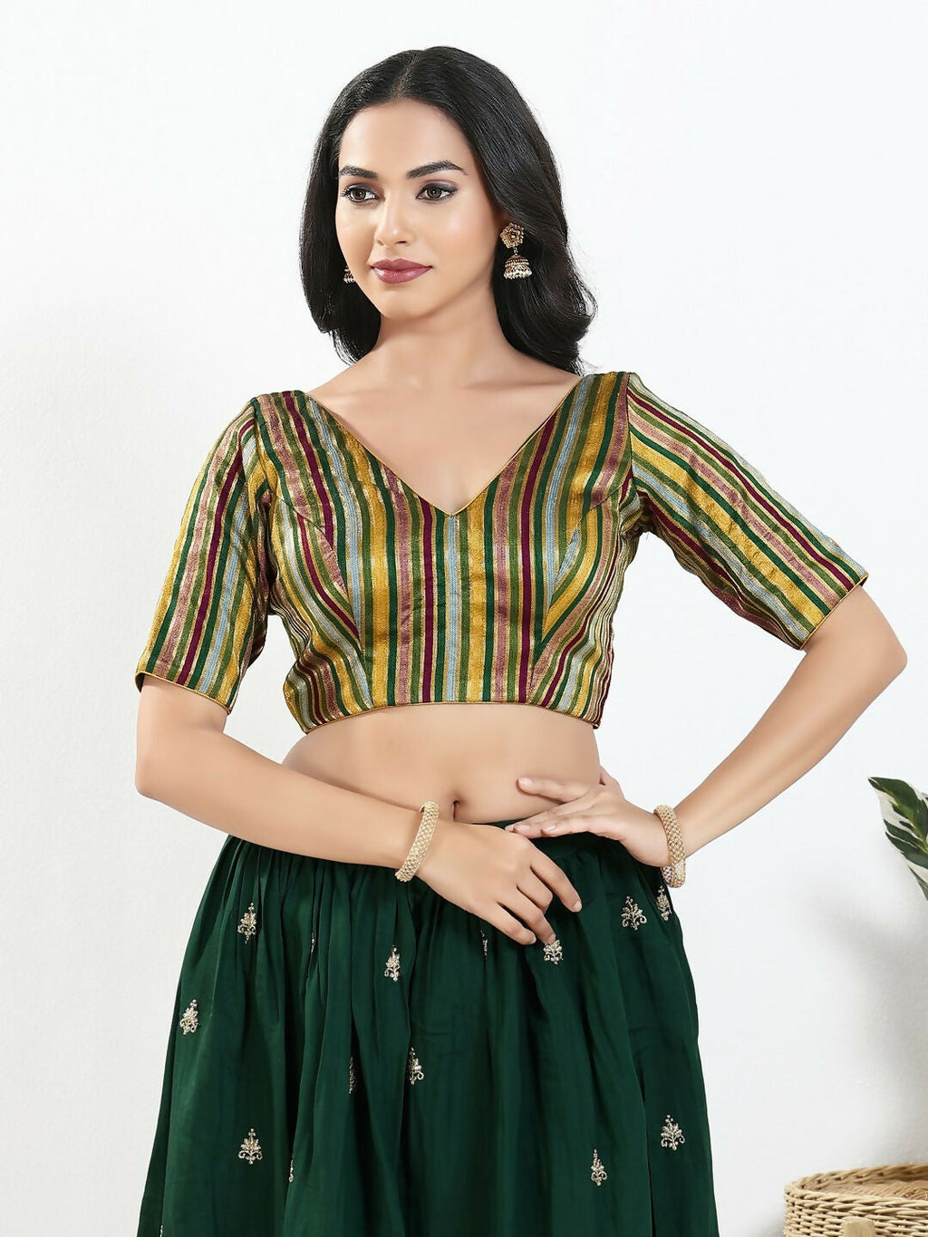 Joban Fashion Green Multi Brocade Padded Blouse With V Neck Elbow Sleeves | Grocsy
