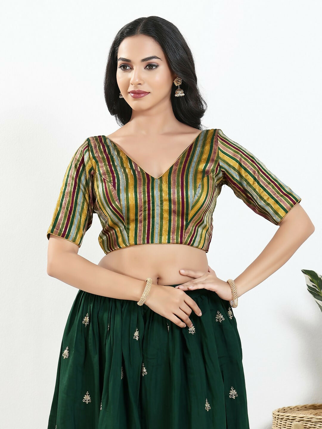 Joban Fashion Green Multi Brocade Padded Blouse With V Neck Elbow Sleeves | Grocsy