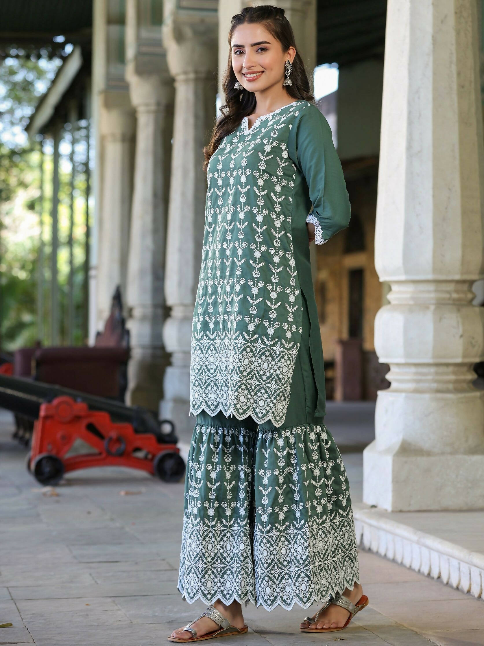 Juniper Women's Green Chinnon Embroidered Kurta Garara Set | Grocsy