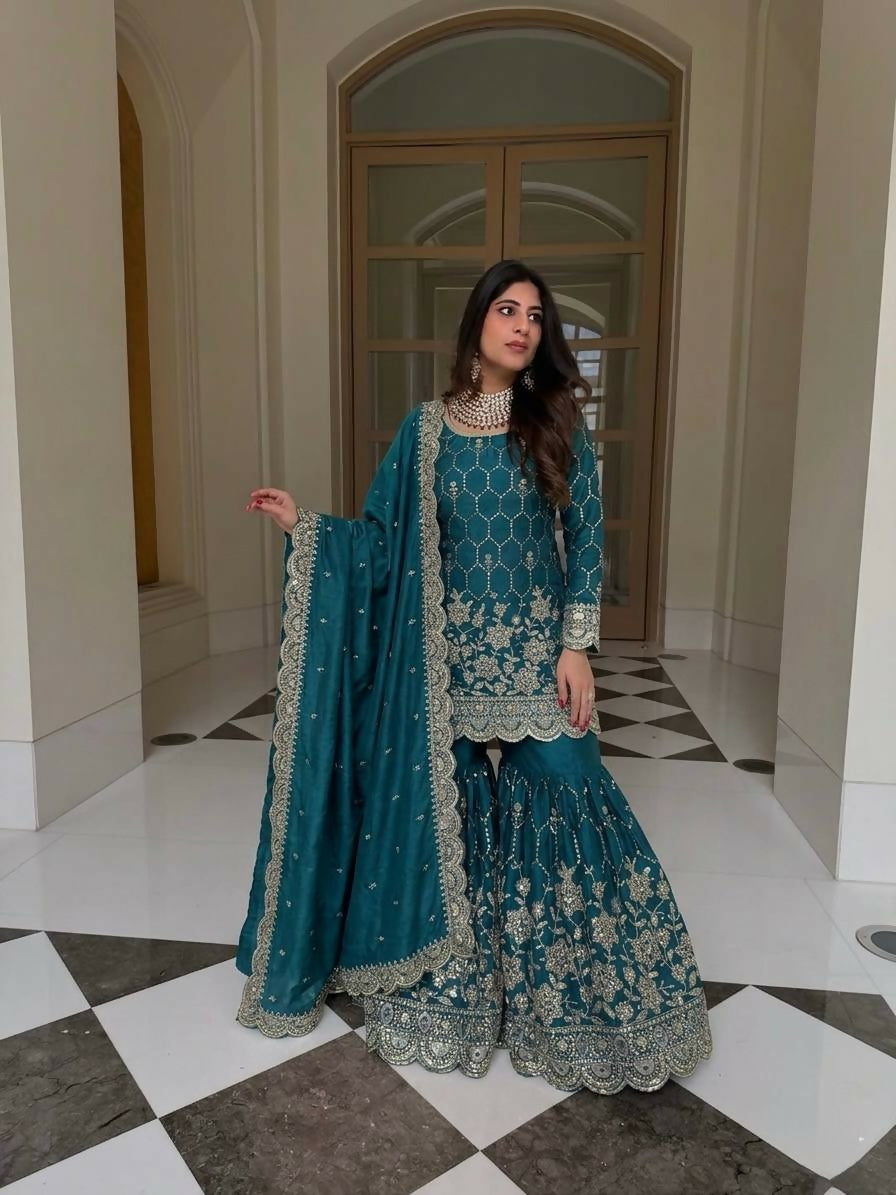Teeya Creation New Trendy Latest Designer Embroidery Sharara Kurta Set -Teal | Grocsy