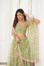 Aastha Fashion Pista Green Butterfly Net Tone To Tone Thread Work, Sequence Work And Original Mirror Work Embroidery Wedding Wear Lehenga Choli | Grocsy