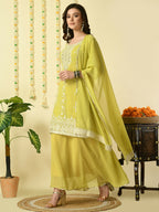 Myshka Women's Yellow Georgette Kurta & Skirt With Dupatta Party Sets | Grocsy