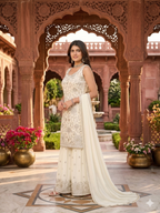 Teeya Creation Women's Georgette White Embroidered Sharara Set With Sequence Work And Lace Border Dupatta | Grocsy