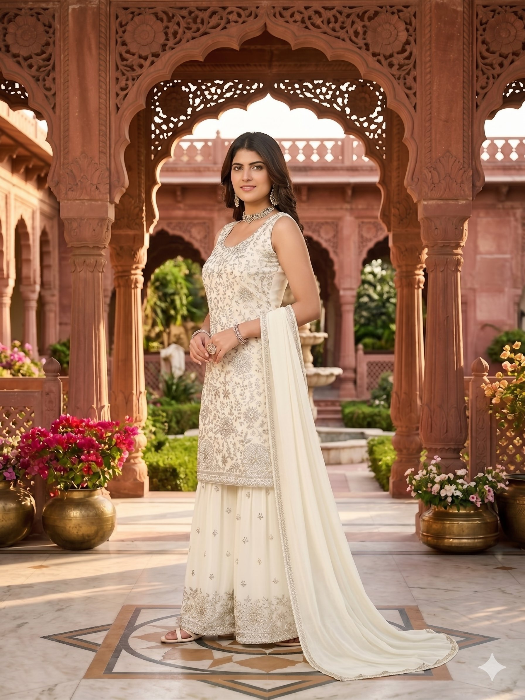 Teeya Creation Women's Georgette White Embroidered Sharara Set With Sequence Work And Lace Border Dupatta | Grocsy