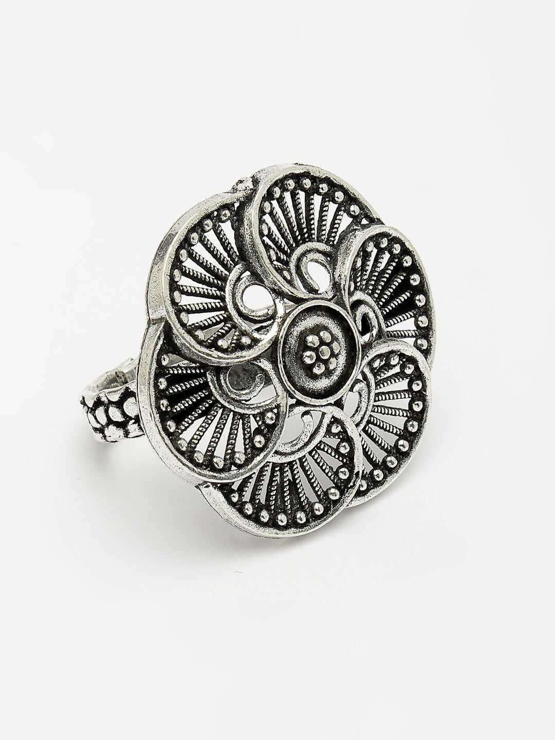 NVR Women's Silver-Toned Floral Shape Adjustable Finger Ring | Grocsy