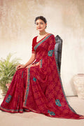 Maroon Georgette Bandhni Printed Saree With Unstitched Blouse Piece - Shanaya | Grocsy