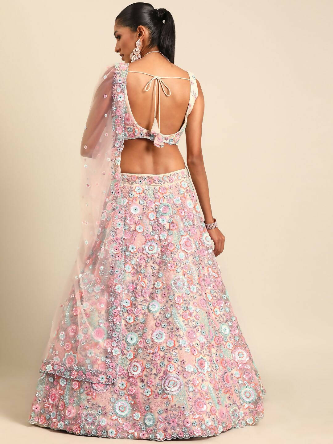 House of Panchhi Cream Net Sequins, Mirror and thread embroidery Lehenga choli & Dupatta | Grocsy