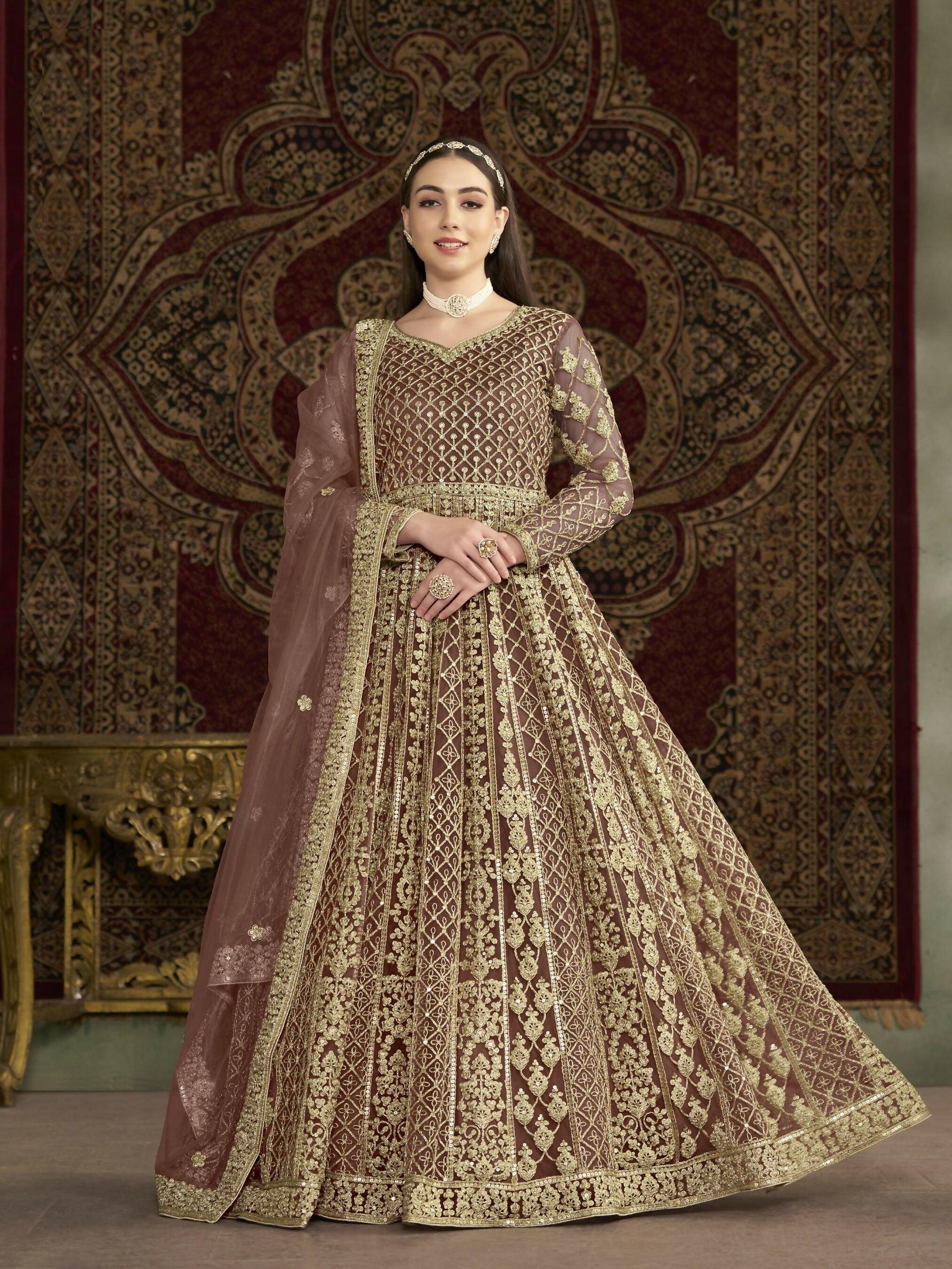 Anaita Coffee Embroidered Net Anarkali Suit | Grocsy