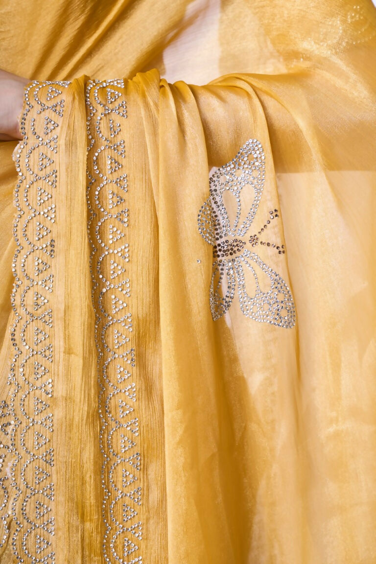 Yellow Burburry silk Swarovski Designer Work Saree - Shezlin | Grocsy