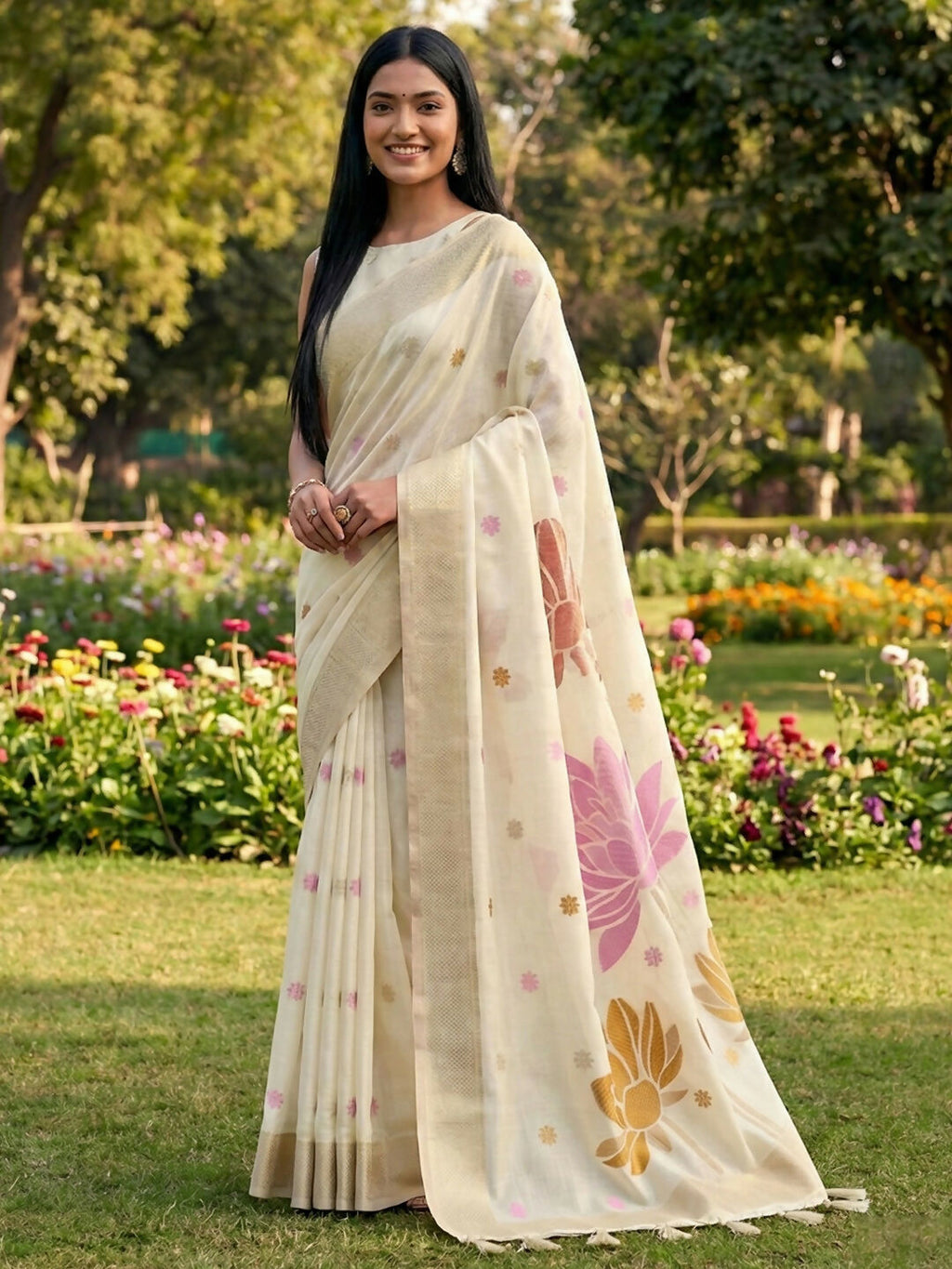 Shree Shyam Fashion White Linen Cotton Saree | Grocsy