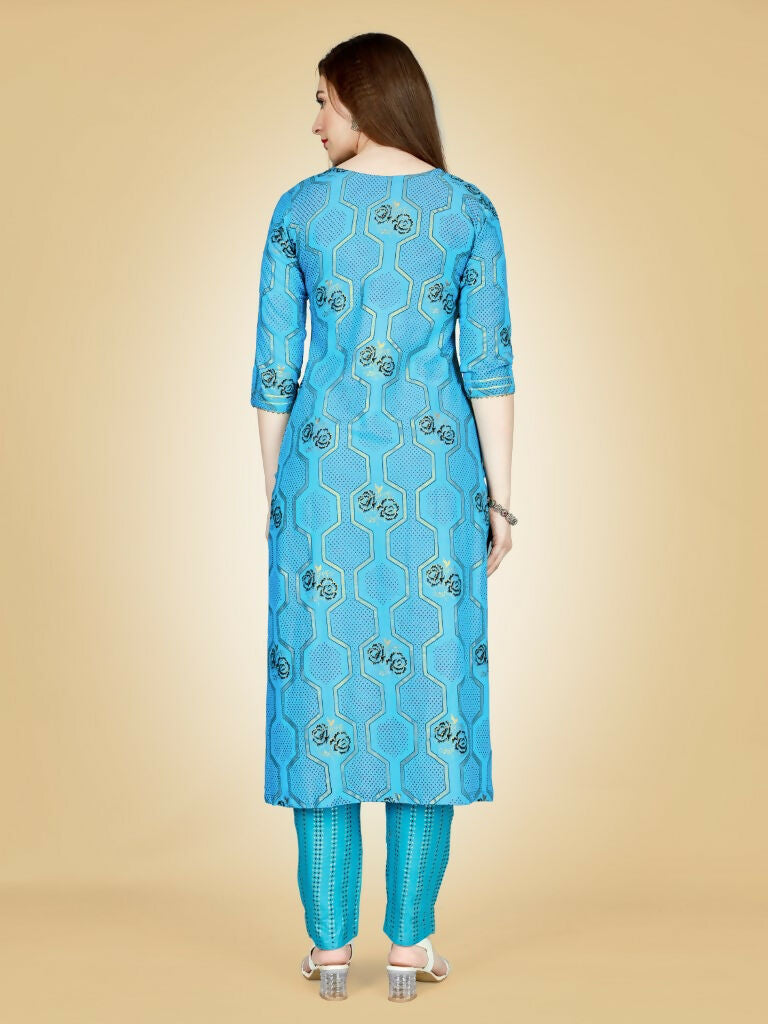 Jyoti Fashion Women's Sky Blue Viscose Rayon Embroidered Kurta Pant Set | Grocsy
