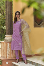 Lavender Chinon Embroidered Kurta and Bottom with Dupatta - Akashara | Grocsy