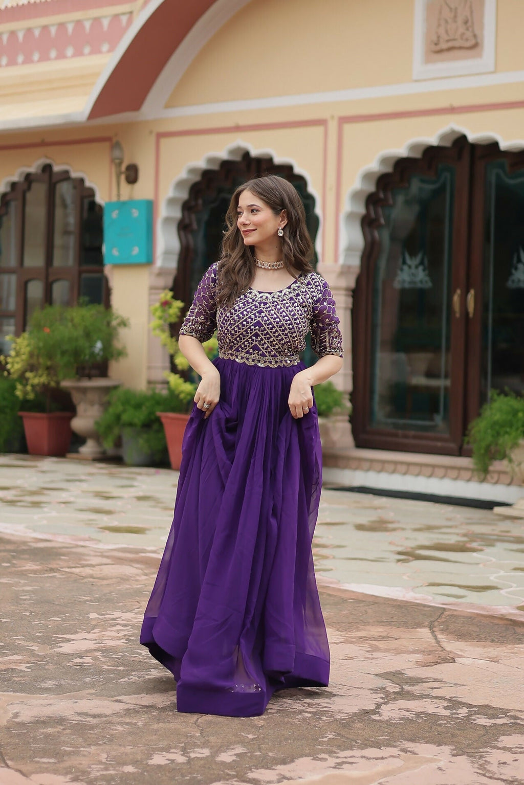 Joban Fashion Purple Georgette Sequence Embroidery Work Gown | Grocsy