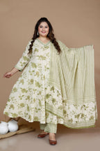 Miravan Women's Plus Size Green Printed Anarkali Kurta With Palazzo And Dupatta | Grocsy