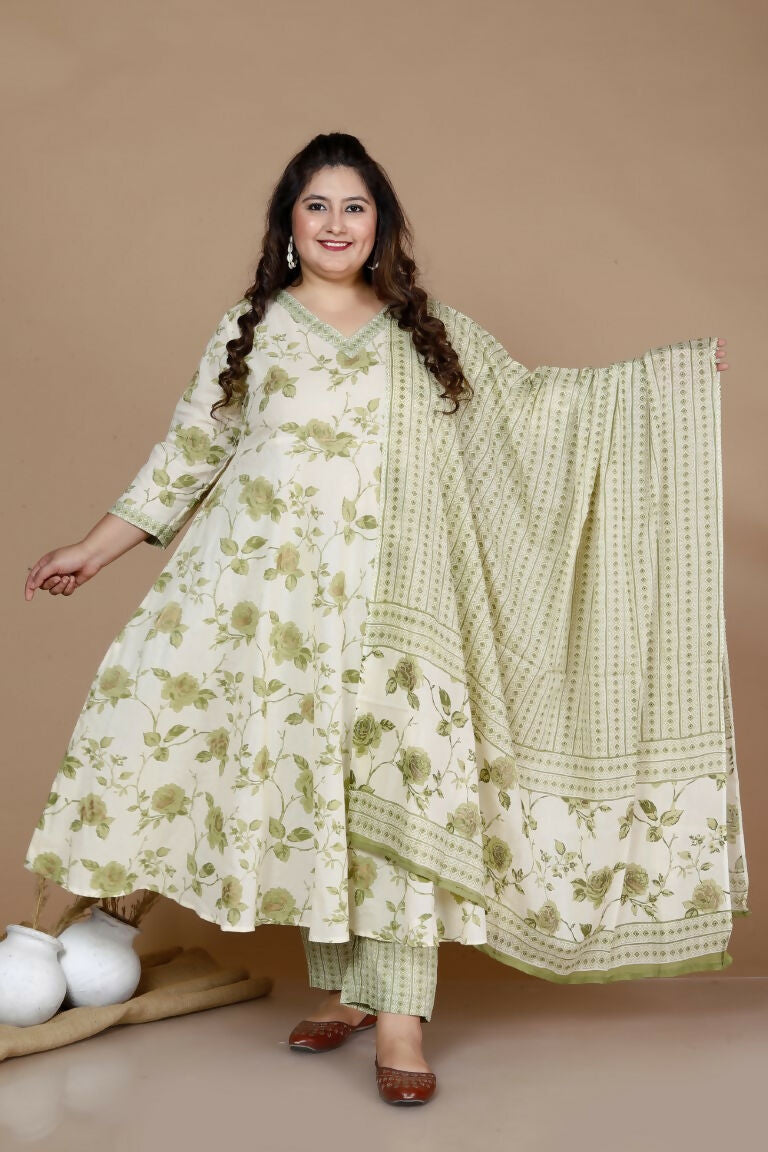 Miravan Women's Plus Size Green Printed Anarkali Kurta With Palazzo And Dupatta | Grocsy