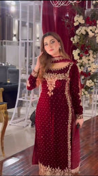 Joban Fashion Wine Velvet Sequence Embroidery Work Kurta Set | Grocsy