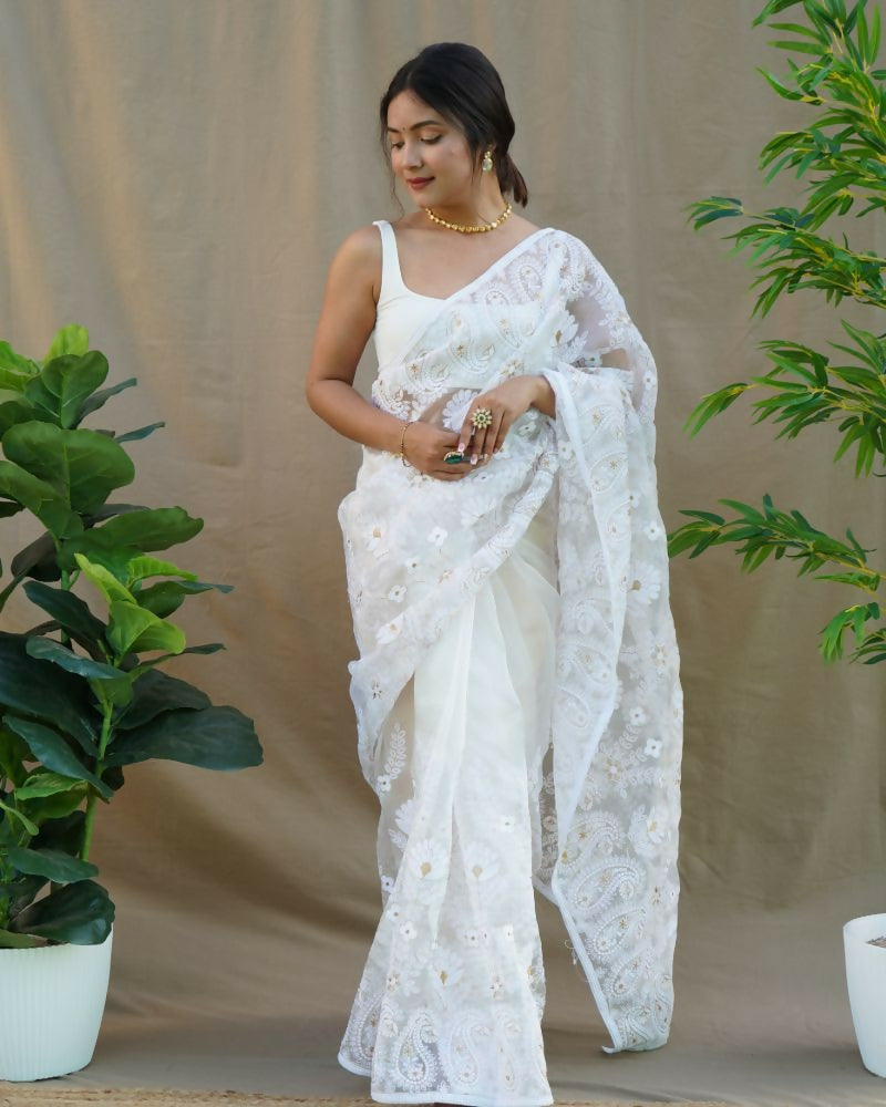 Vamsee Amisha White Organza Saree | Grocsy
