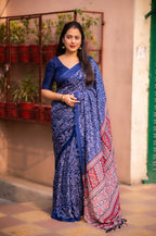 Blue Silk Blend Ajrak Saree with Unstitched Blouse - Hiral Fashion | Grocsy