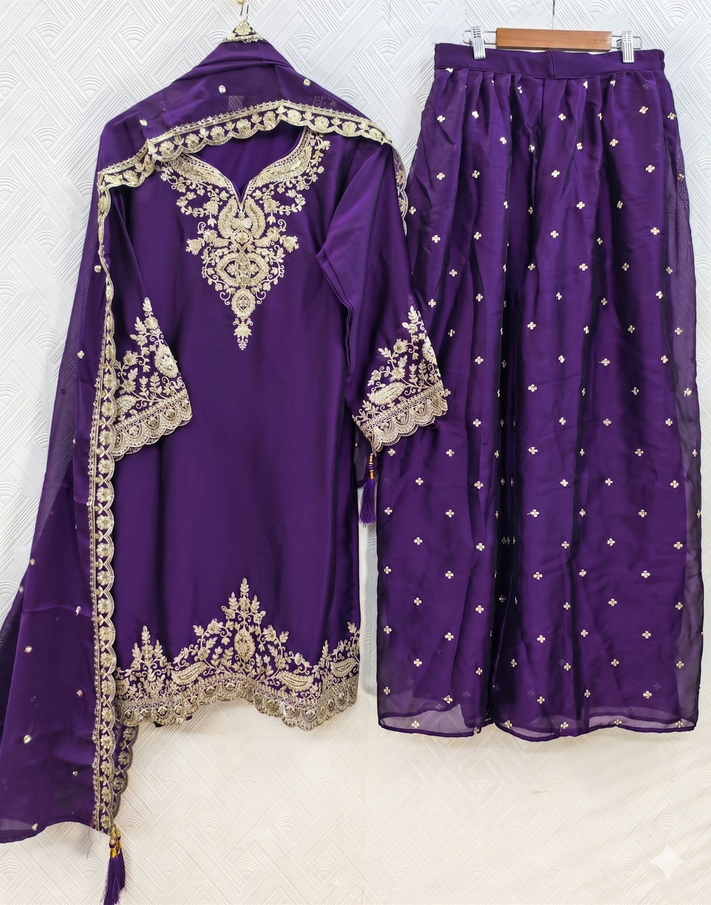 Teeya Creation Womens New Stylish Silk Embroidered Purple Sharara Suit With Golden Zari Work And Lace Border Dupatta | Grocsy