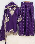 Teeya Creation Womens New Stylish Silk Embroidered Purple Sharara Suit With Golden Zari Work And Lace Border Dupatta | Grocsy