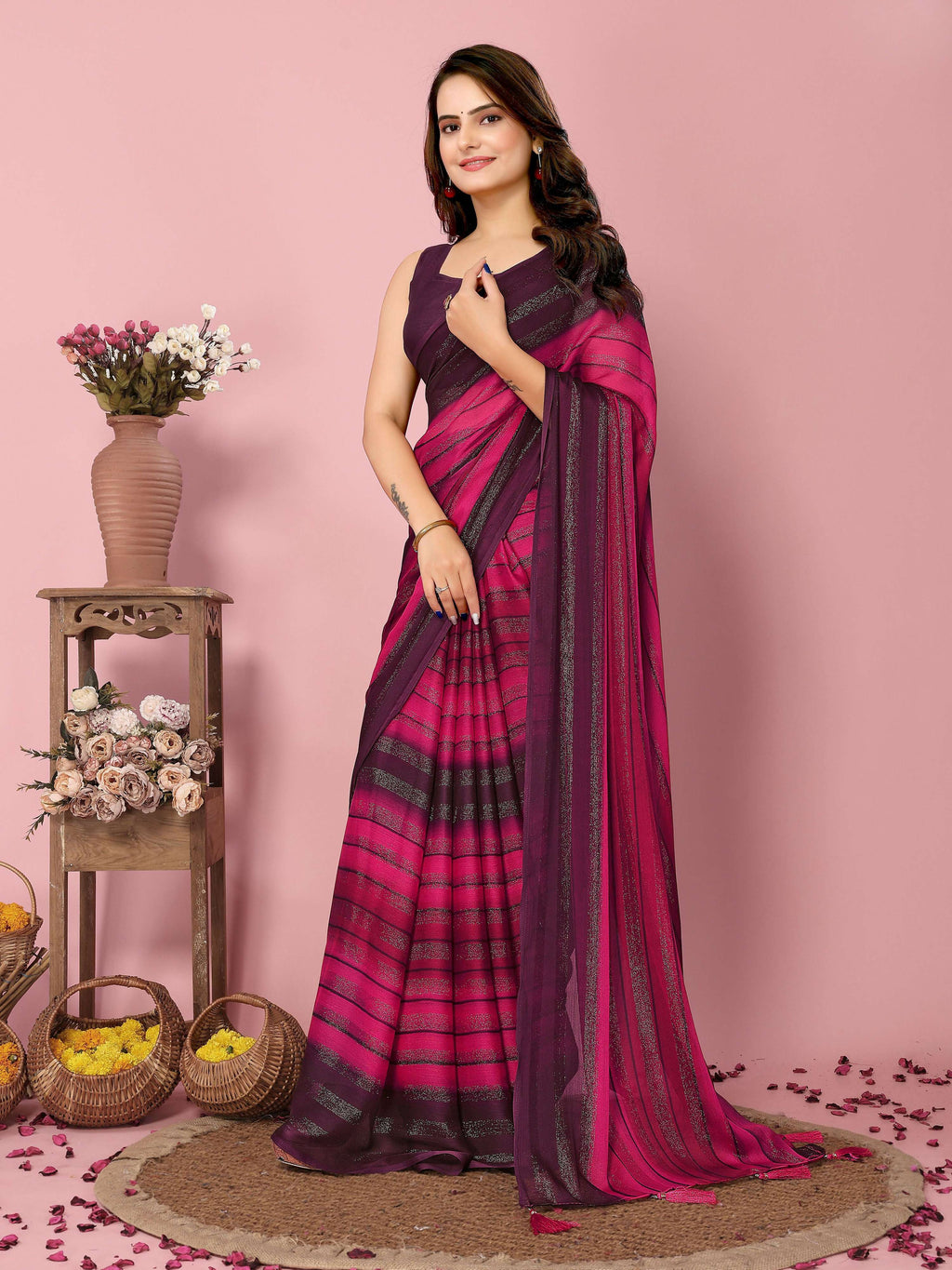 Attractive These Party Wear Ready To Wear Saree - Pink | Grocsy