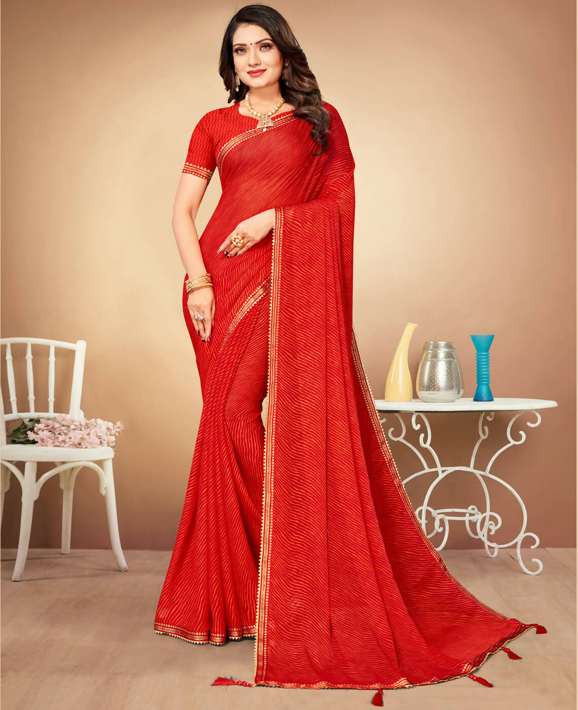 Red Chiffon Leheriya Printed Saree With Unstitched Blouse Piece - Swarna | Grocsy