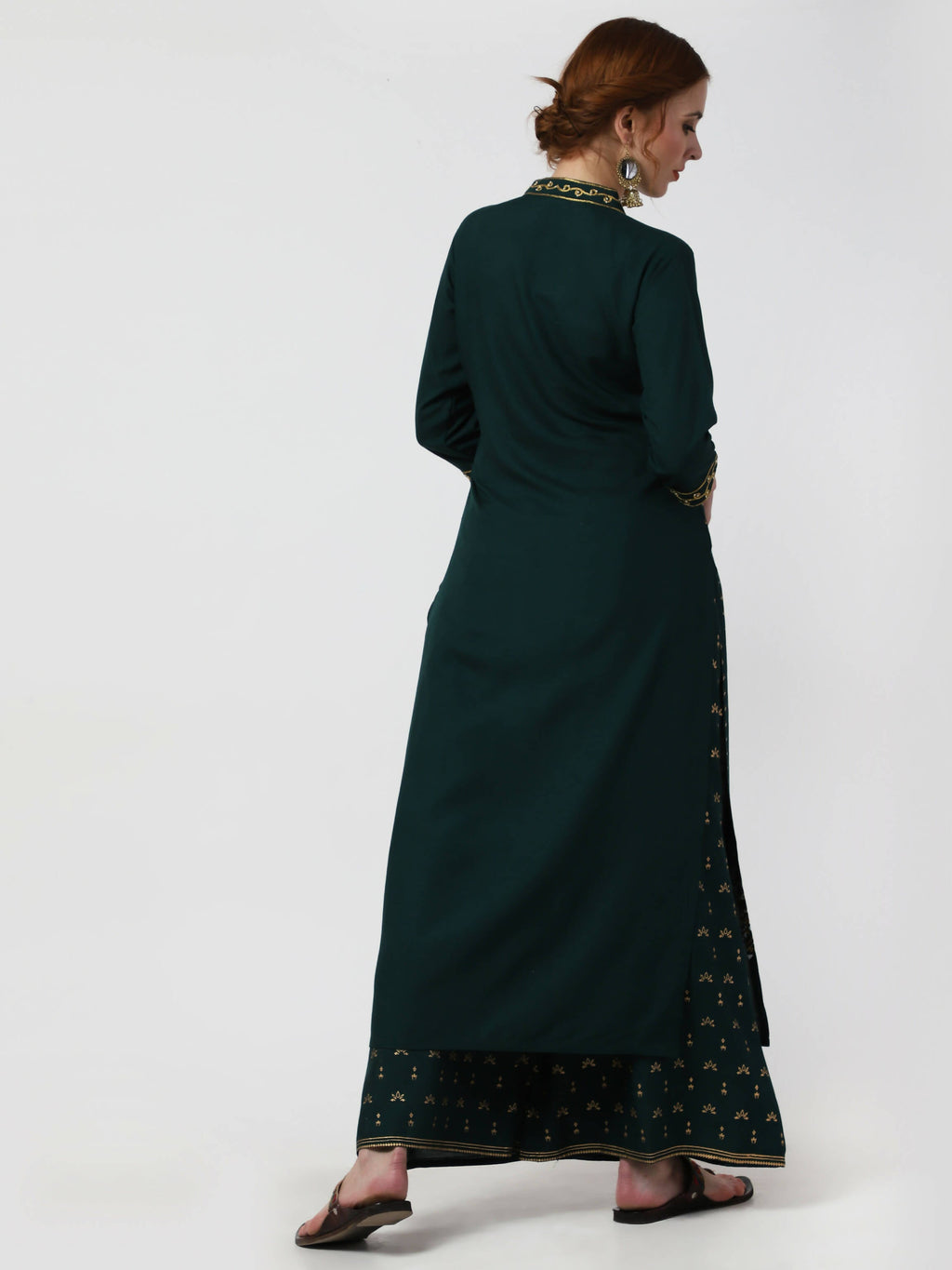 Cheera Embellished Daily Wear Cotton Blend Kurta With Palazoo - Bottle Green | Grocsy