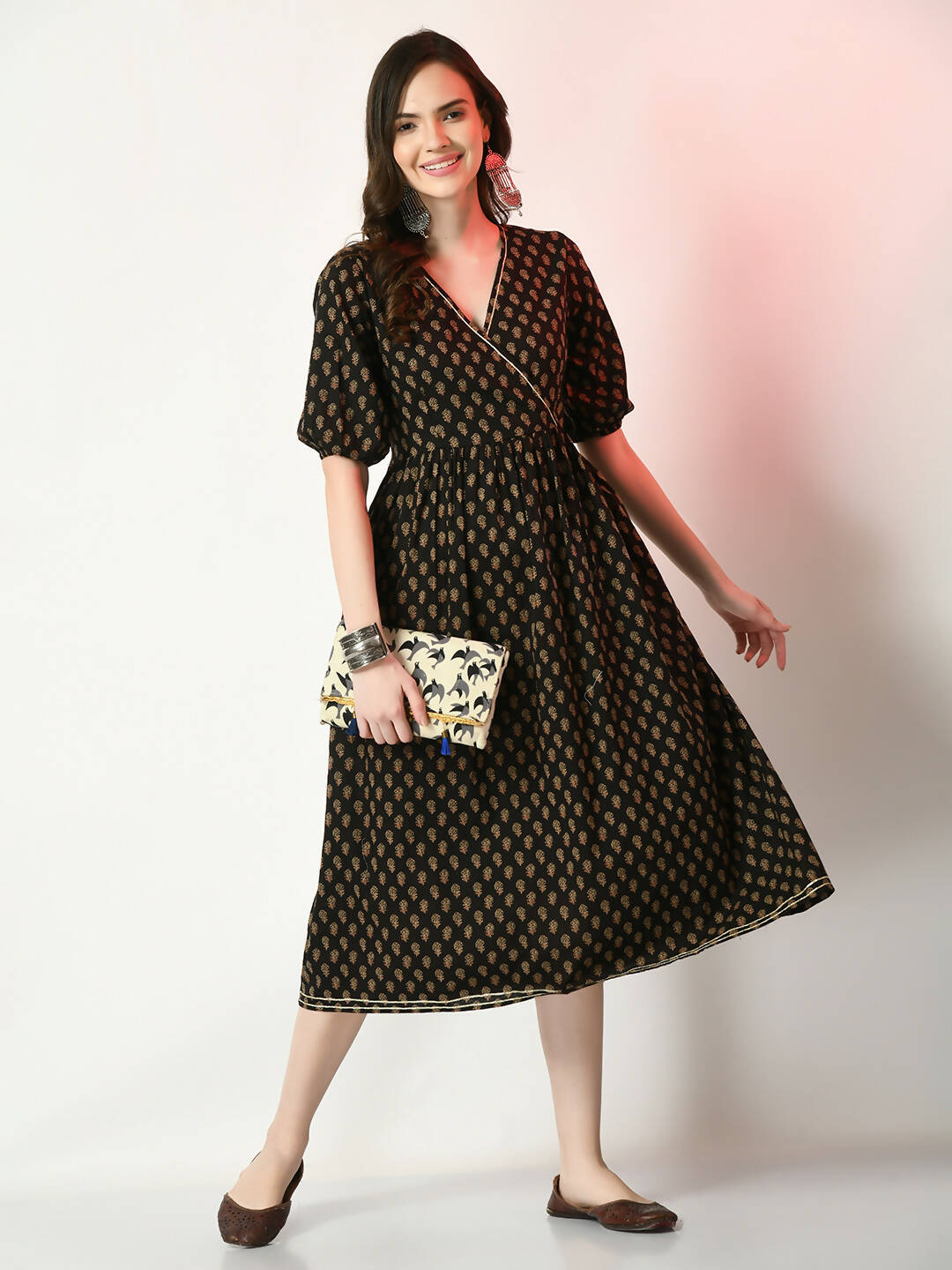 Myshka Women's Black Floral Printed Empire Dress | Grocsy