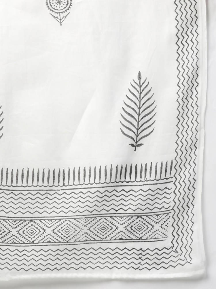 Yufta Women Black & White Yoke Design Thread Work Cotton Kurta with Palazzo & Dupatta | Grocsy
