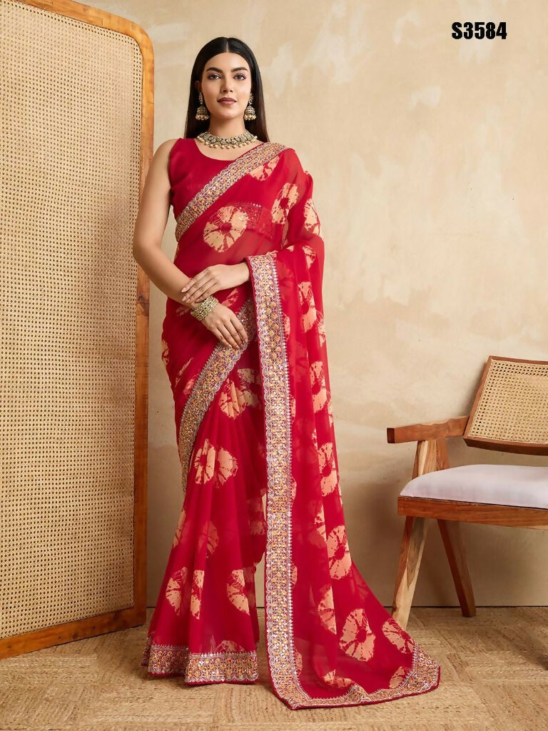Red Georgette Printed Designer, Embroidery Work Lace Border Saree - Aarvi | Grocsy
