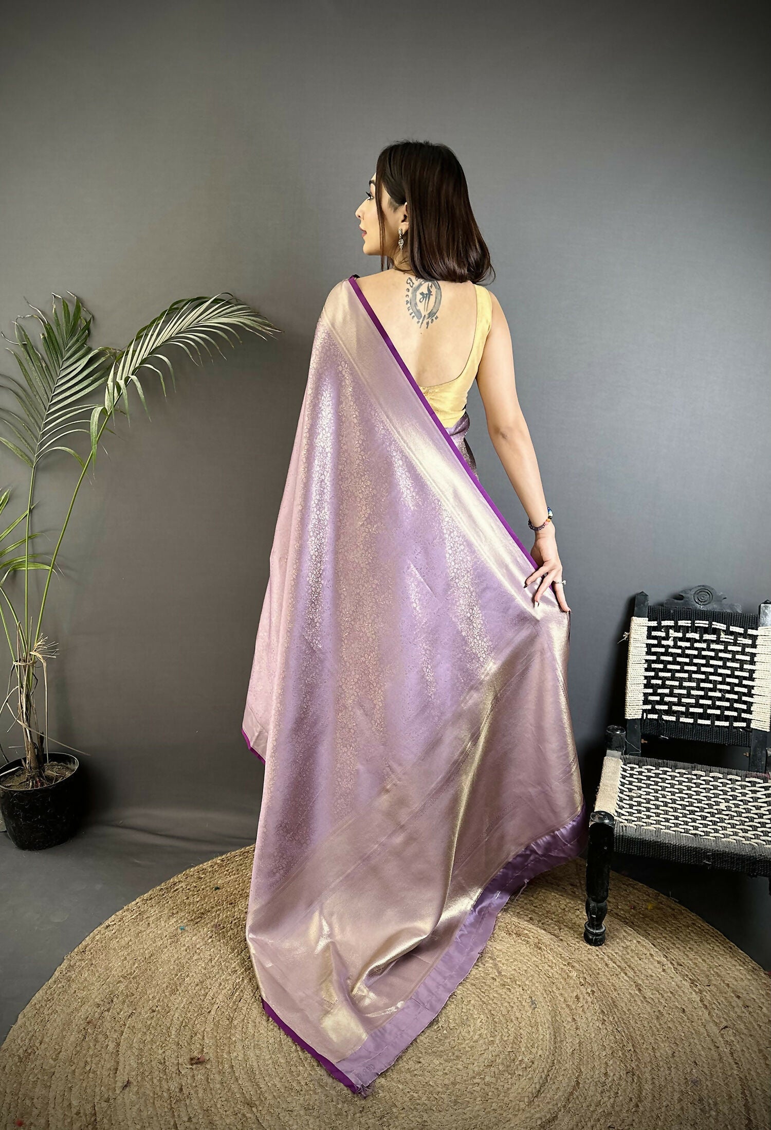 Joban Fashion Lavender Floral Motifs & Ethnic Design Soft Satin Silk Kanchipuram Saree | Grocsy