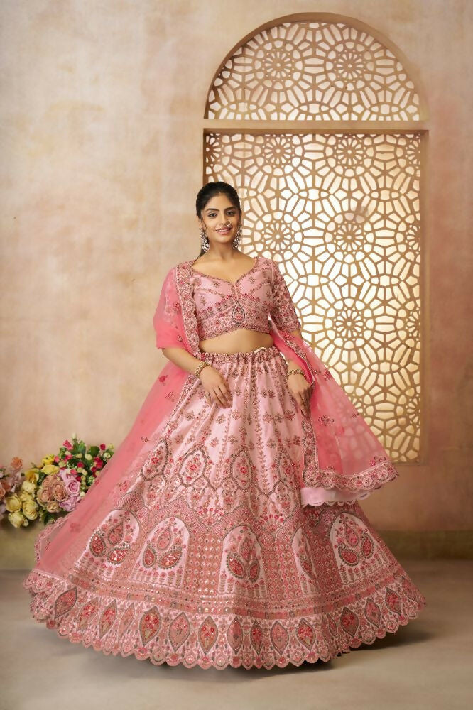 Kesar Fab Pink Silk Embroidered Lehenga | Grocsy