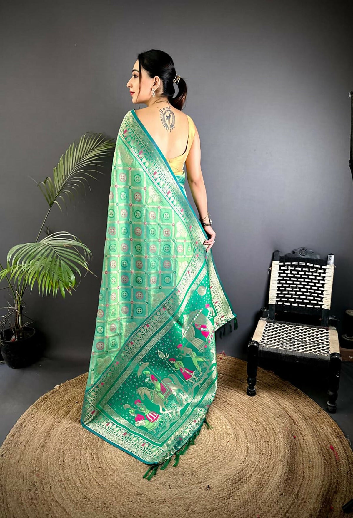 Joban Fashion Bottle Green Butti Motifs Soft Silk Patola Saree | Grocsy