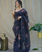 Vamsee Nitya Navy Blue Organza Saree | Grocsy