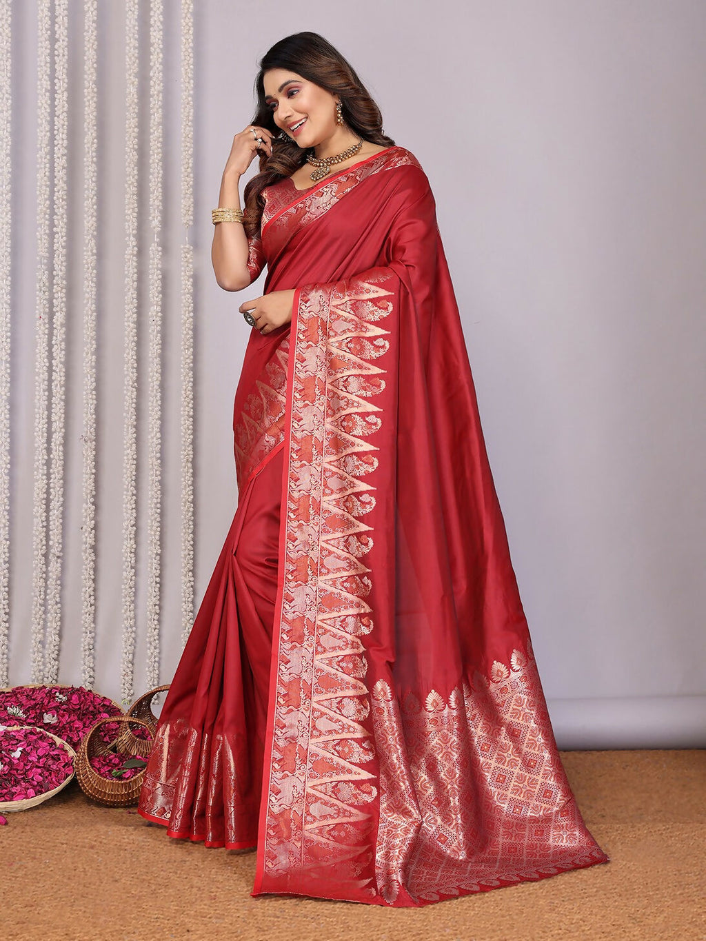 Joban Fashion Banarasi Red Jacquard WovenSoft Silk Saree | Grocsy
