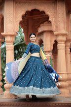 Vastranavya Navaratri Collection Myra Silk Lehenga & Blouse With Maslin Crochet Printed Dupatta Set - Turquoise | Grocsy