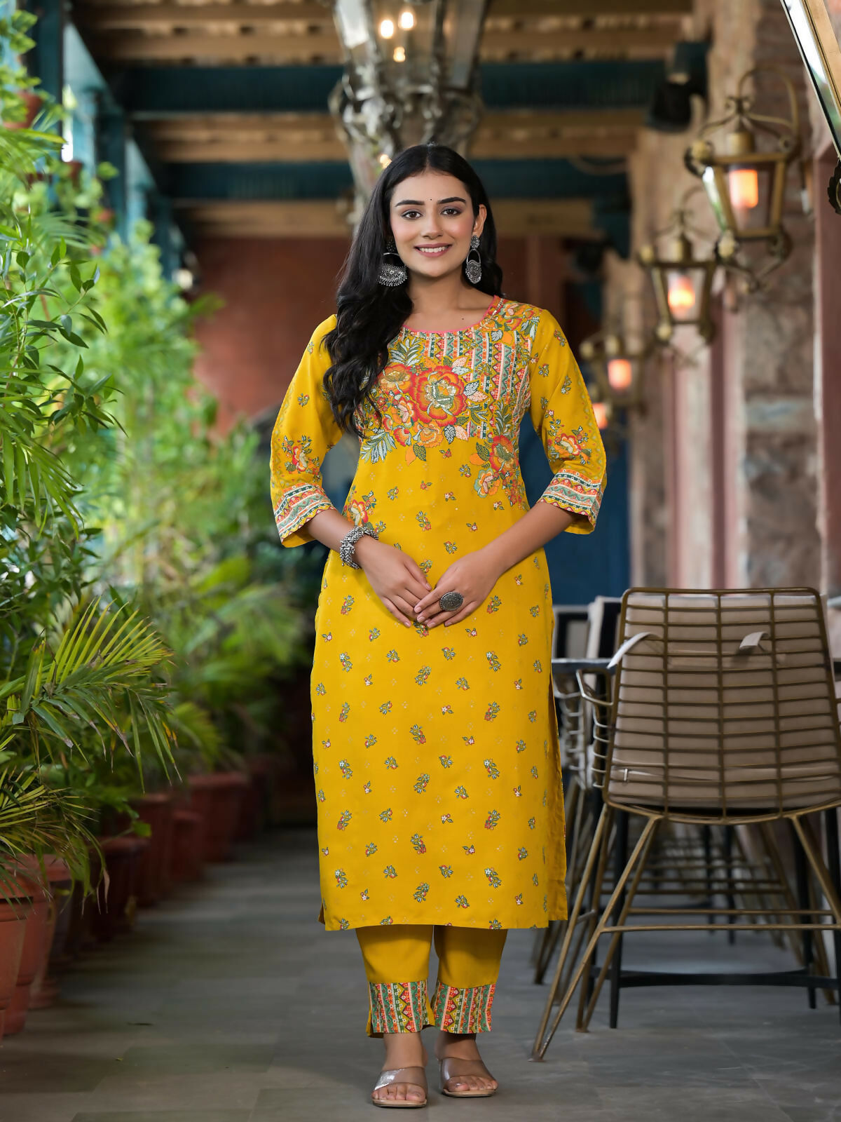 Juniper Women's Mustard Floral Printed Liva Rayon Kurta Pant And Dupatta Set With Sequins | Grocsy