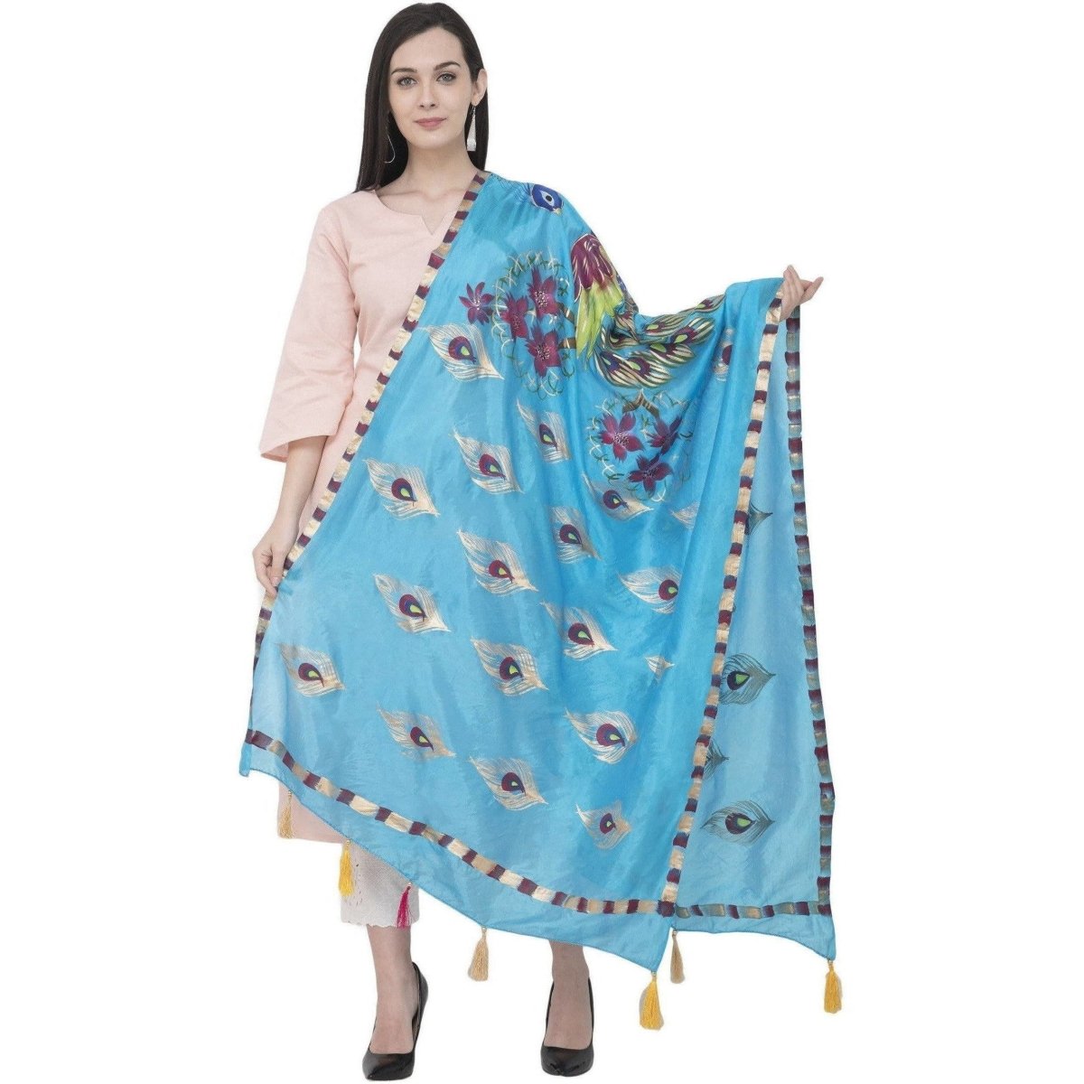 A R Silk Silk Peacock Multi Fancy Dupatta Color Firozi Dupatta or Chunni | Grocsy