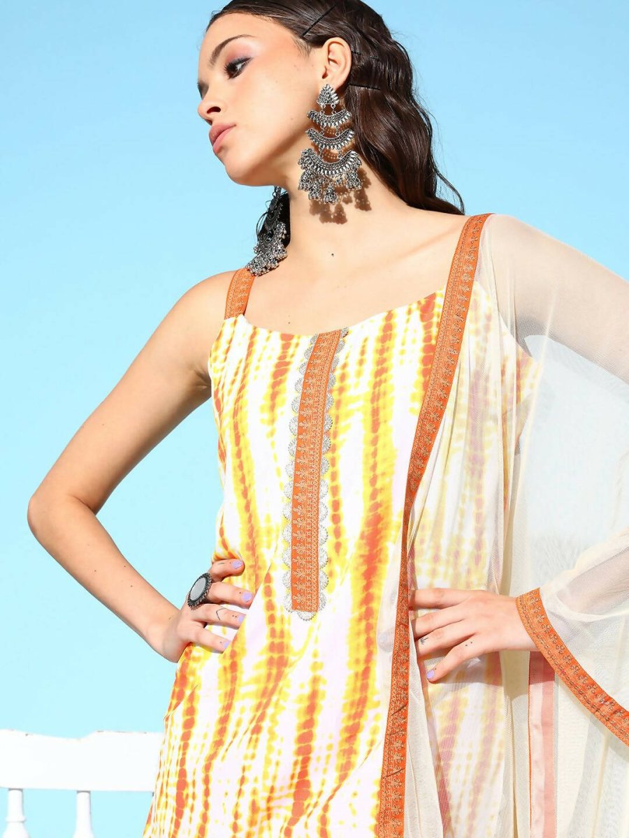 Ahalyaa Women's Orange Crepe Printed Kurta Sharara Set With Dupatta | Grocsy