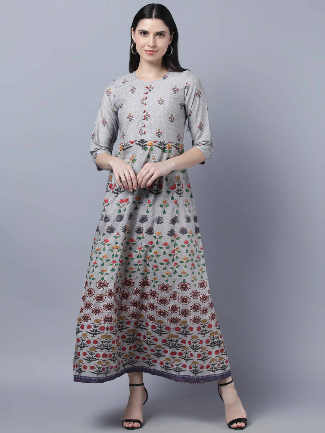 Myshka Women Grey Printed Ethnic Maxi Dress | Grocsy