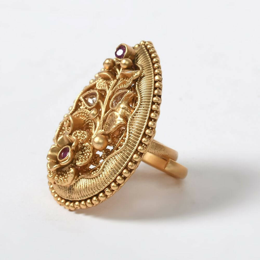 Mominos Fashion Joharkamal Gold-Polished Stone Studded Adjustable Finger Ring - Design 07 | Grocsy