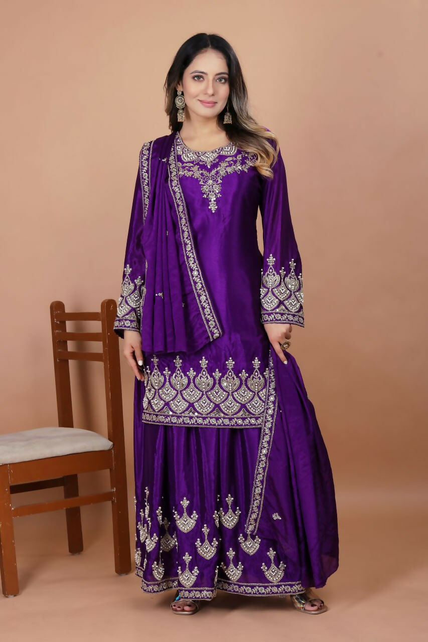 Joban Fashion Purple Silk Embroidered Sharara Set | Grocsy
