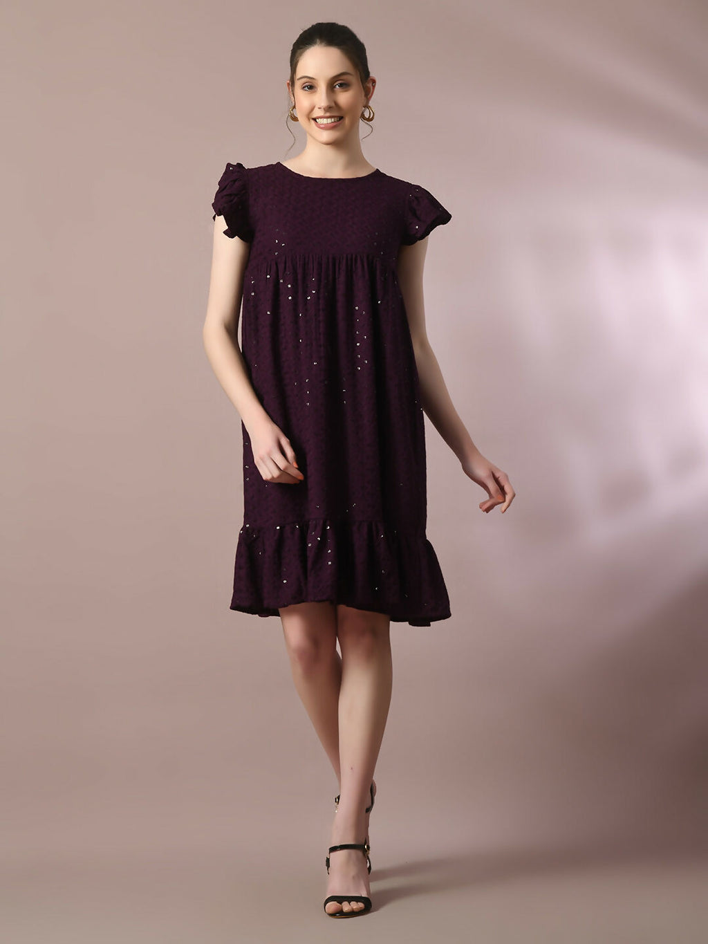 Myshka Women's Violet Embroidered Cotton Round Neck A-Line Party Dress | Grocsy