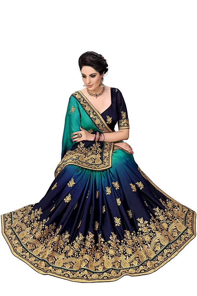 Sarvadarshi Fashion Women's Blue Barfi Silk Heavy lace Embroidery work Saree With blouse piece | Grocsy