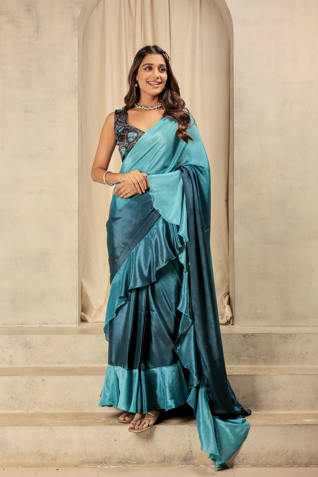 Blue Satin Solid Designer, Printed Party Wear Ready To Wear Saree - Nasreen | Grocsy