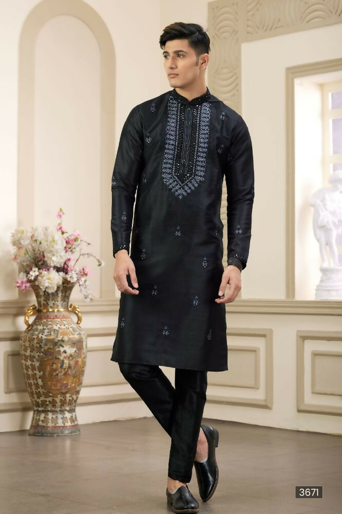 Raivat Ethnic Banarasi Art Silk Thread and Mirror Work Kurta Pajama In Black Colour | Grocsy
