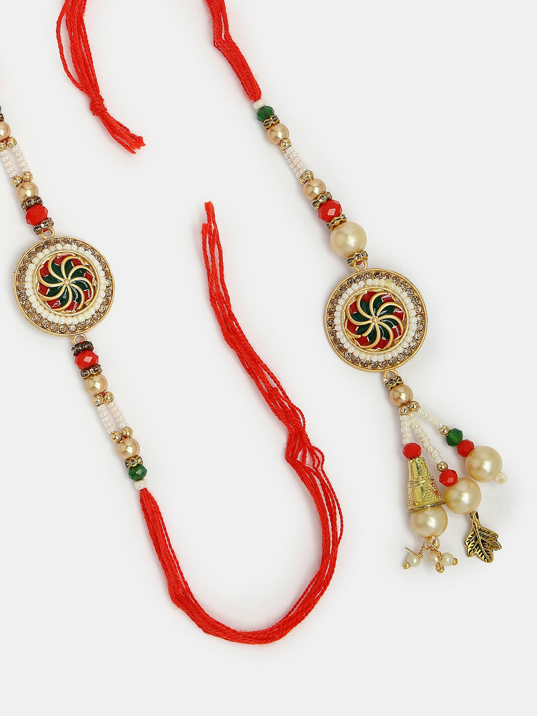 NVR Women & Men Set of 2 Gold-Toned Stone-Studded & Beaded Bhaiya Bhabi Rakhi With Roli Chawal | Grocsy