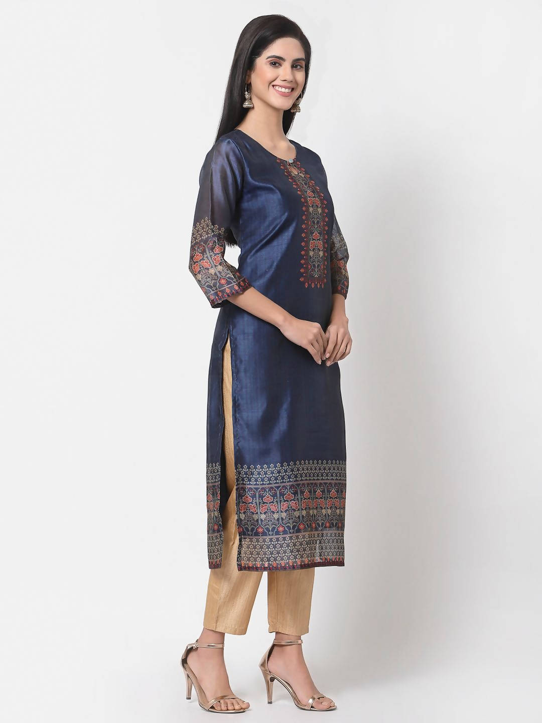 Myshka Navy Blue Printed Chanderi Silk 3/4 Sleeve Round Neck Casual Kurta | Grocsy