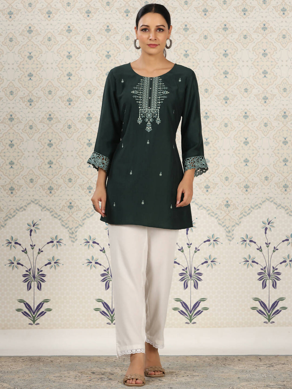 Dark Green Chinon Embroidered Straight Top - Zeny | Grocsy